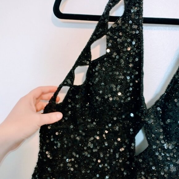 Scala vintage sequin black top with halter strap and low back profile.  Absolute - Picture 2 of 8